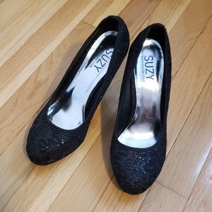 Ladies Black Sparkly Suzy Shier High Heel Shoes